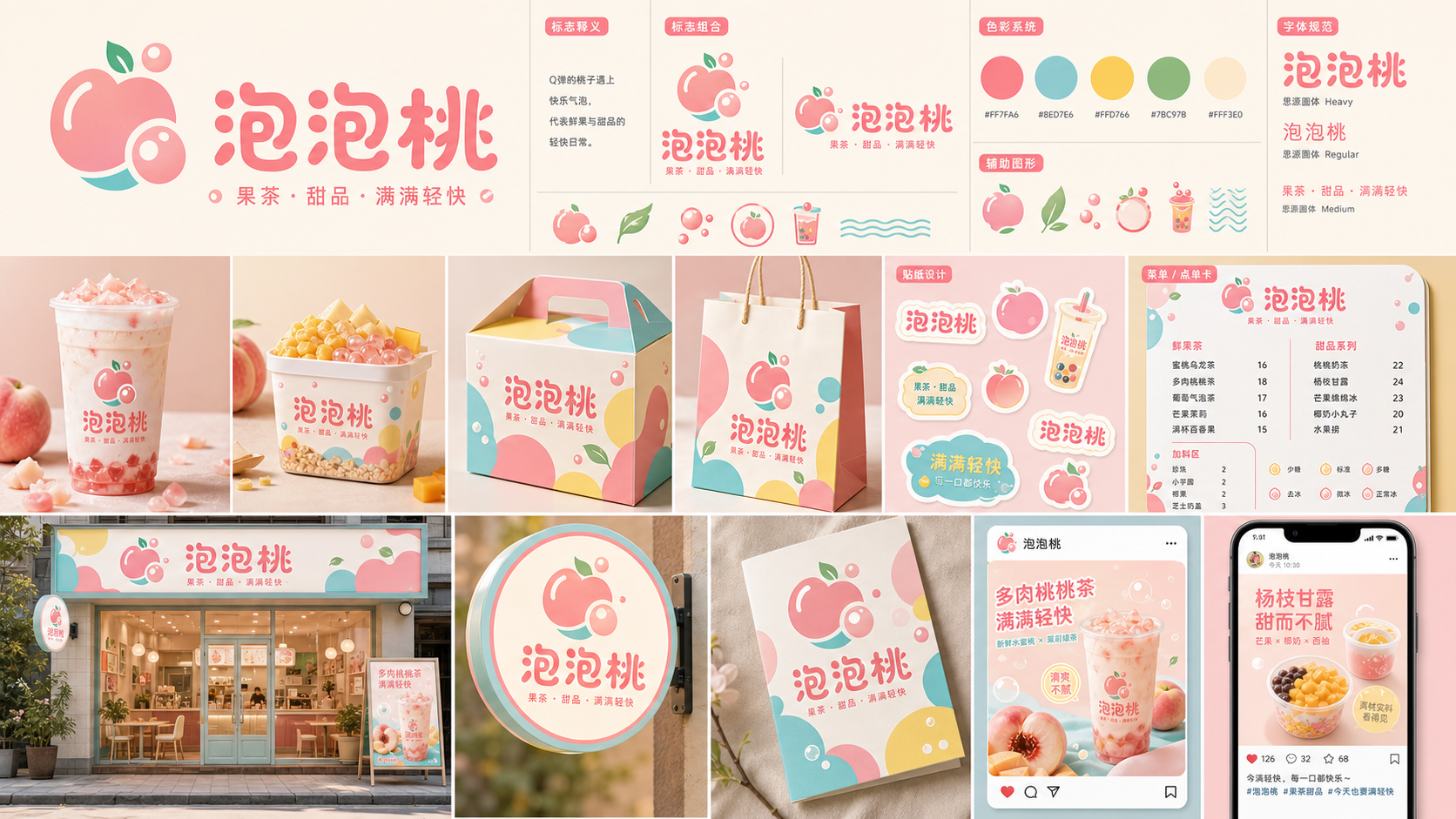 泡泡桃桃子泡泡糖果风果茶甜品品牌设计板