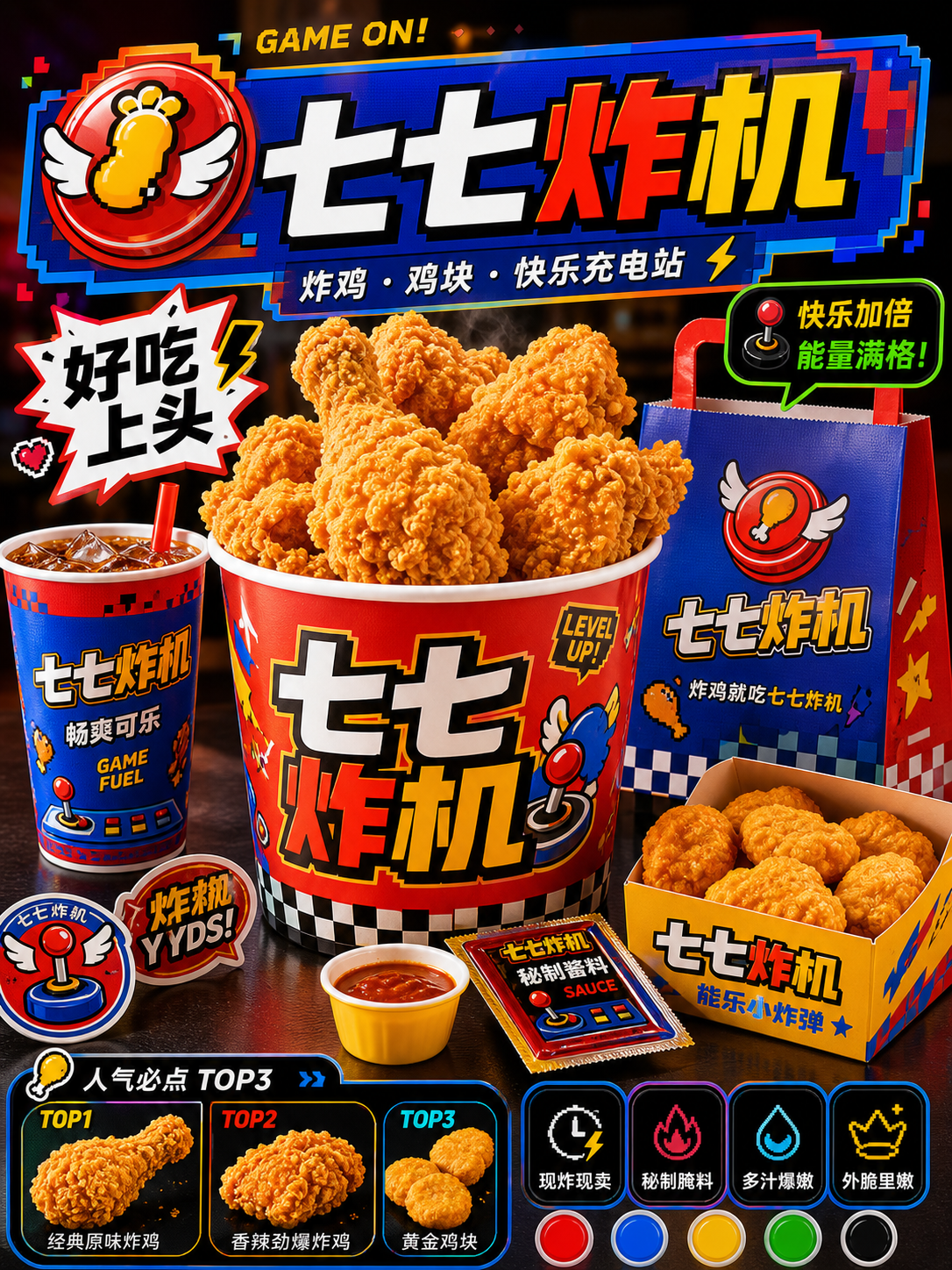 七七炸机街机按钮红蓝黄风小红书品牌封面