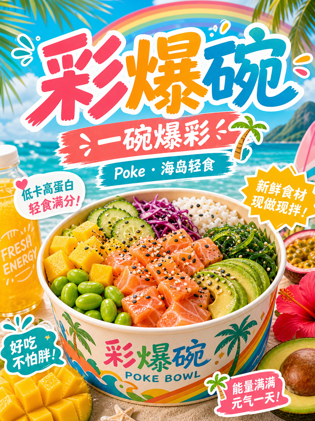 彩爆碗热带彩虹海滩碗风小红书品牌封面