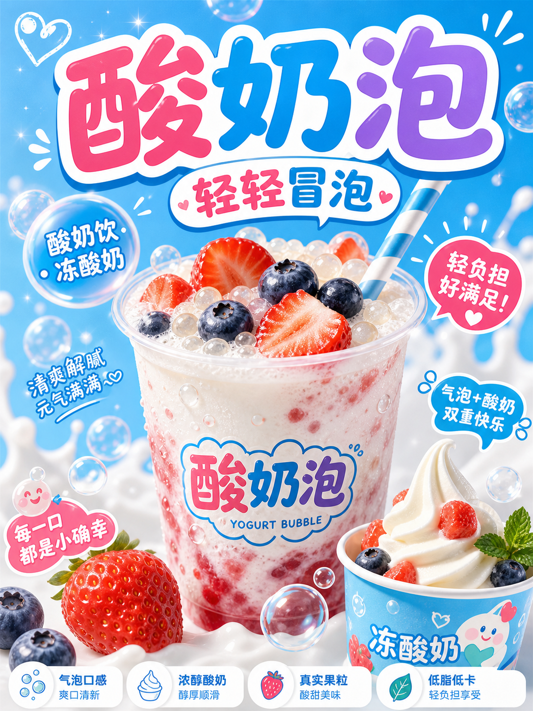 酸奶泡蓝白玫粉泡泡乳品风小红书品牌封面