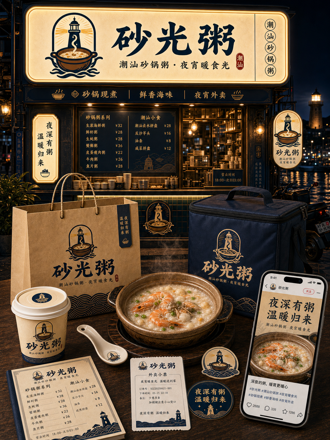 砂光粥夜航灯箱粥铺风小红书品牌封面