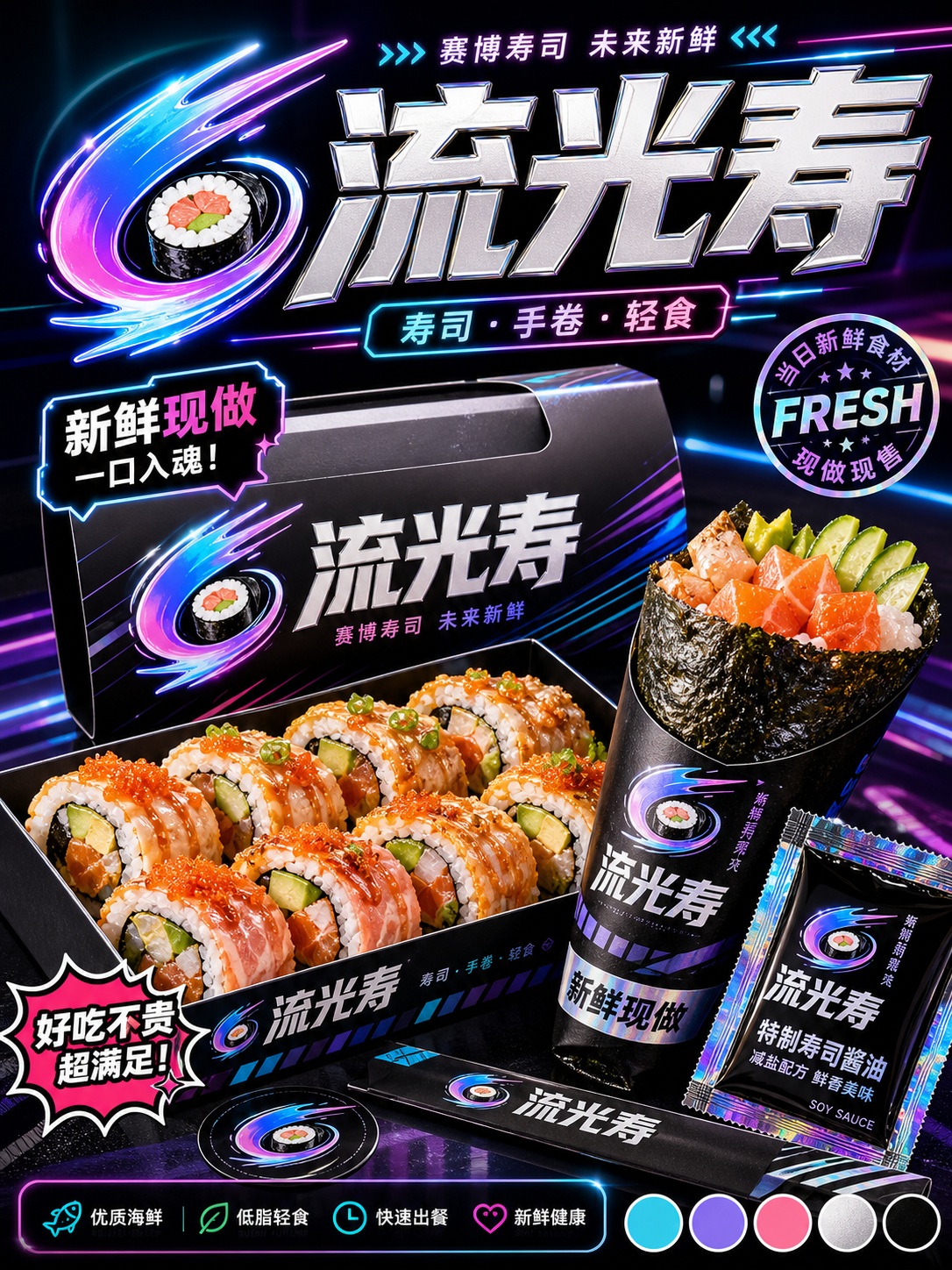 流光寿赛博流光蓝紫寿司风小红书品牌封面