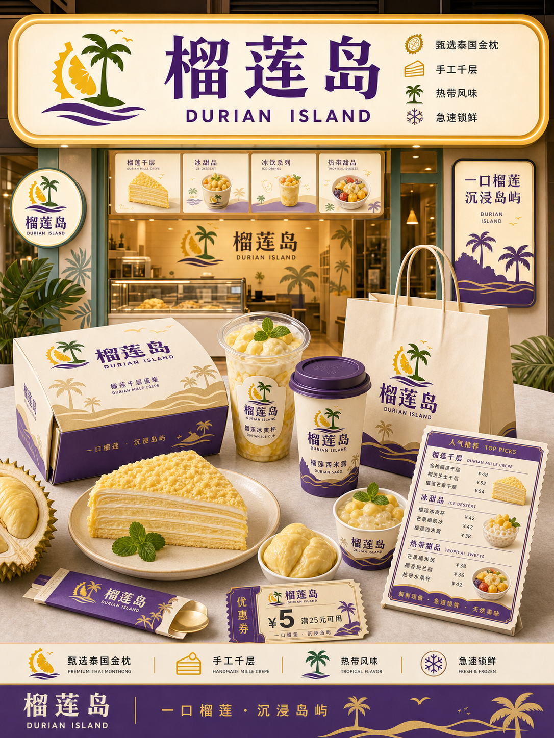 榴莲岛榴莲黄紫热带风小红书品牌封面