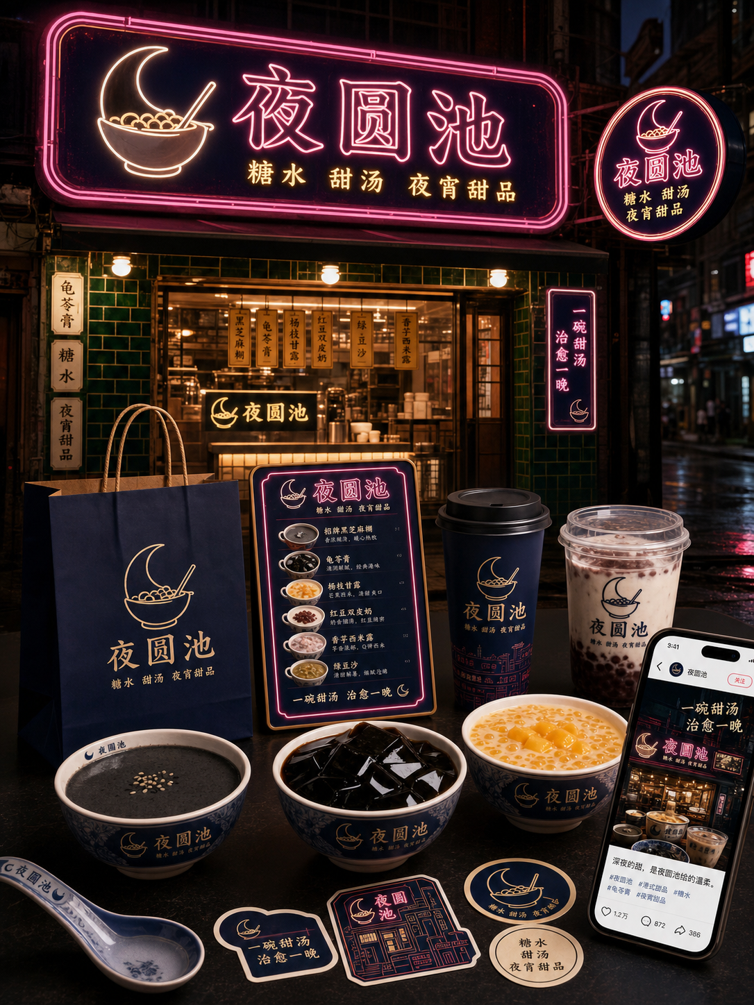 夜圆池深夜港式霓虹风小红书品牌封面