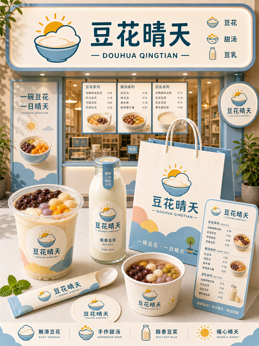 豆花晴天晴空蓝桃粉甜品风小红书品牌封面