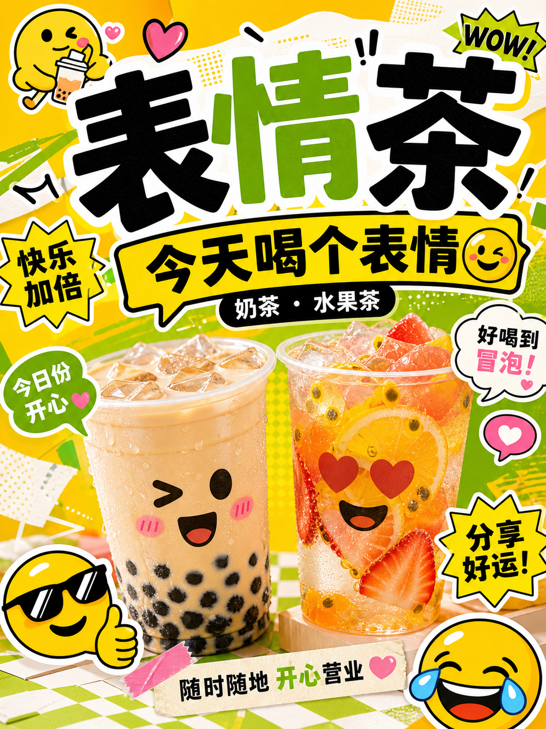 表情茶表情包黄绿奶茶风小红书品牌封面