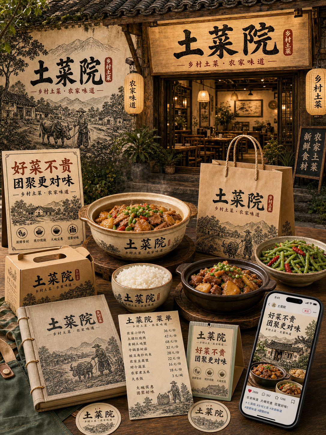 土菜院乡土木刻墙绘风小红书品牌封面