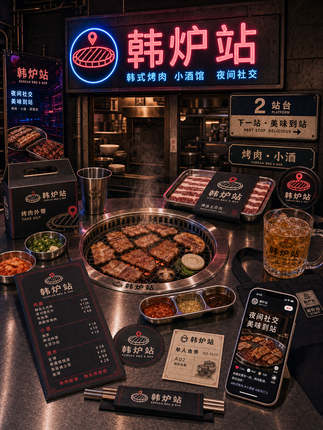 韩炉站金属烤盘霓虹风小红书品牌封面