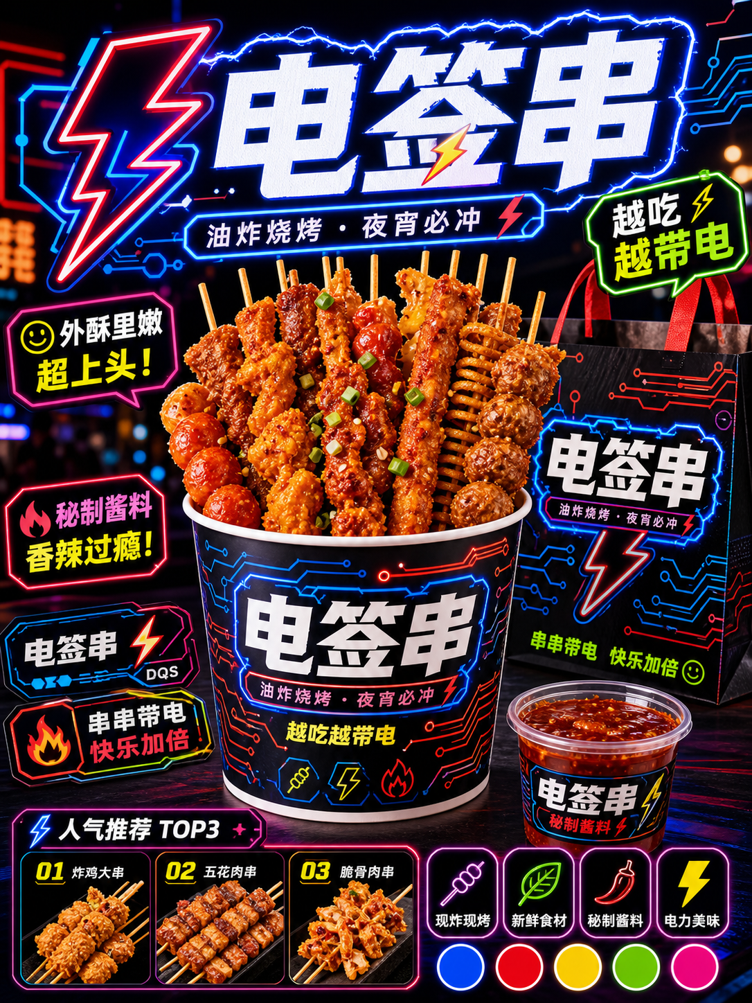 电签串霓虹电路街头串店风小红书品牌封面
