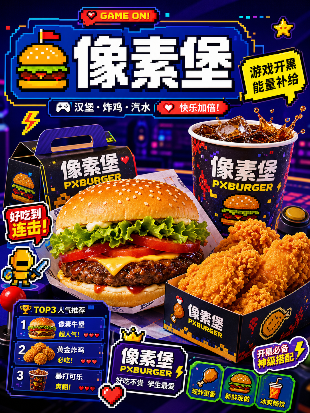 像素堡像素游戏霓虹快餐风小红书品牌封面