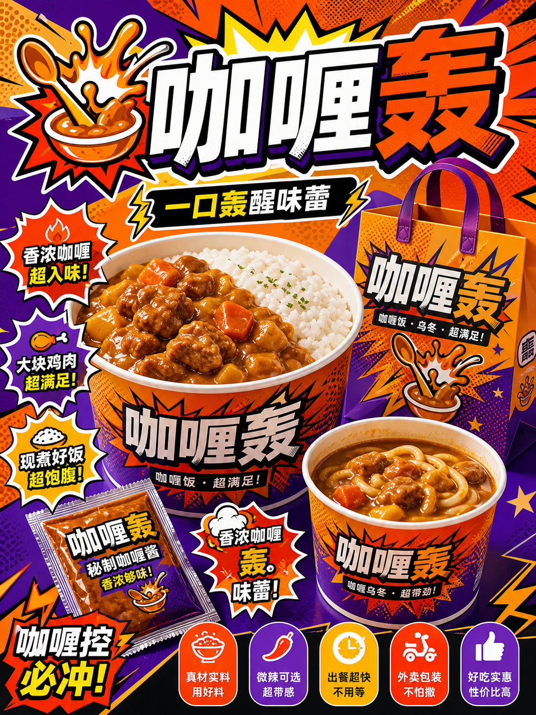咖喱羹波普漫画橙紫爆炸风小红书品牌封面