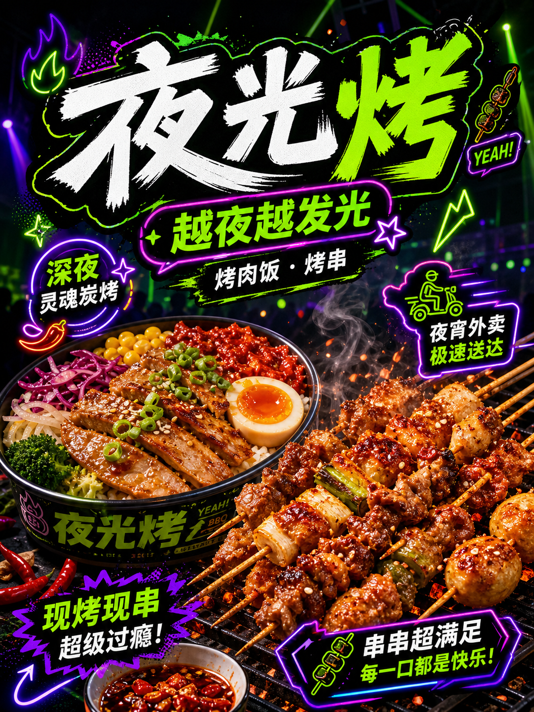 夜光烤夜光电音黑绿烤肉风小红书品牌封面