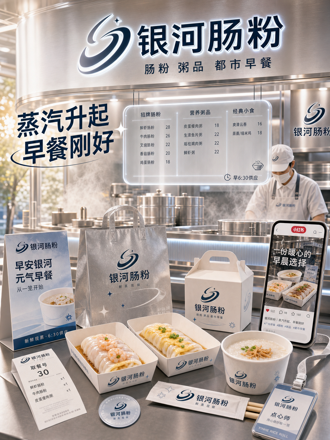 银河肠粉银白蒸汽未来风小红书品牌封面