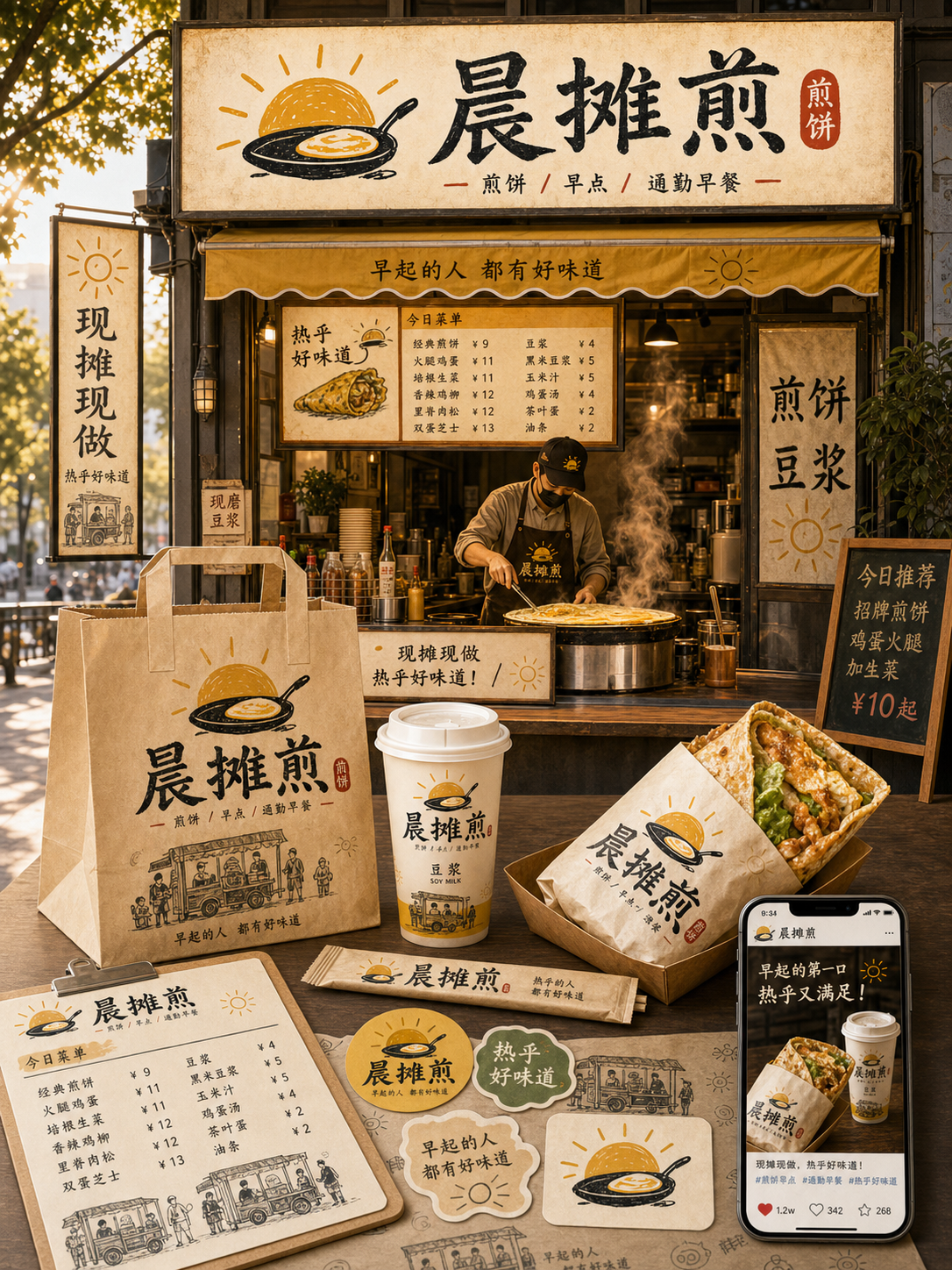 晨摊煎清晨市集手绘风小红书品牌封面