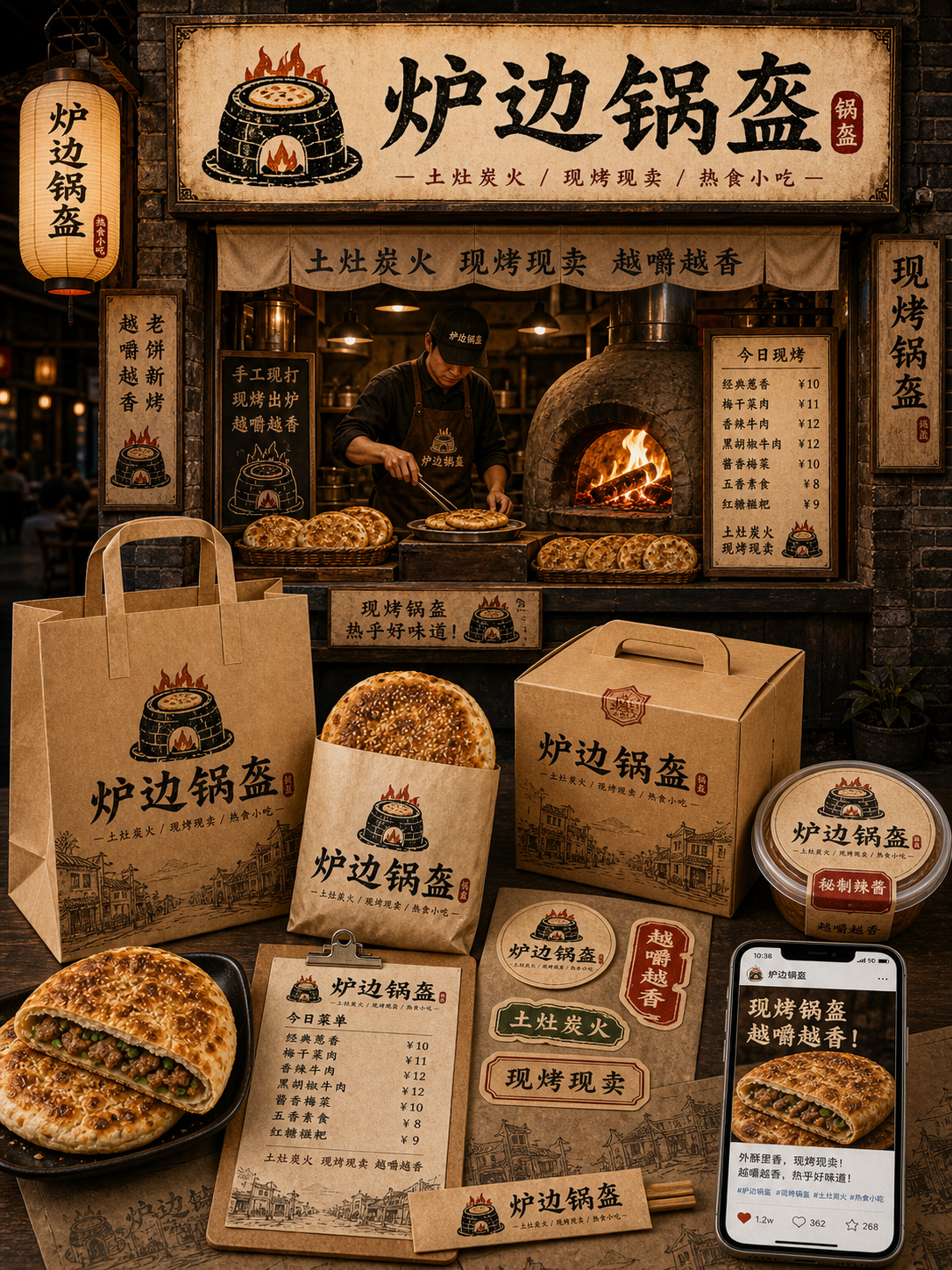 炉边锅盔土灶炭火匠人风小红书品牌封面