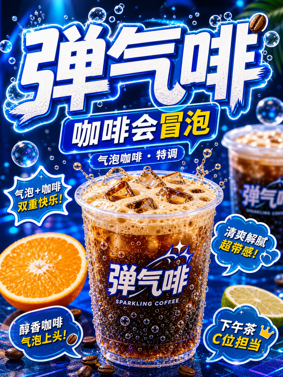 弹气啡碳酸泡泡电蓝咖啡风小红书品牌封面