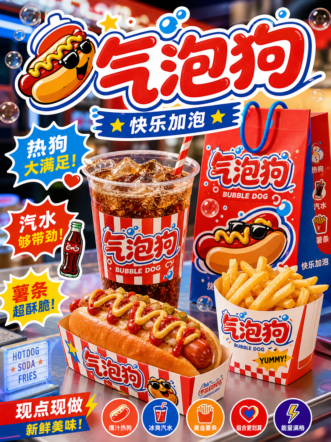 气泡狗美式汽水霓虹复古混搭风小红书品牌封面