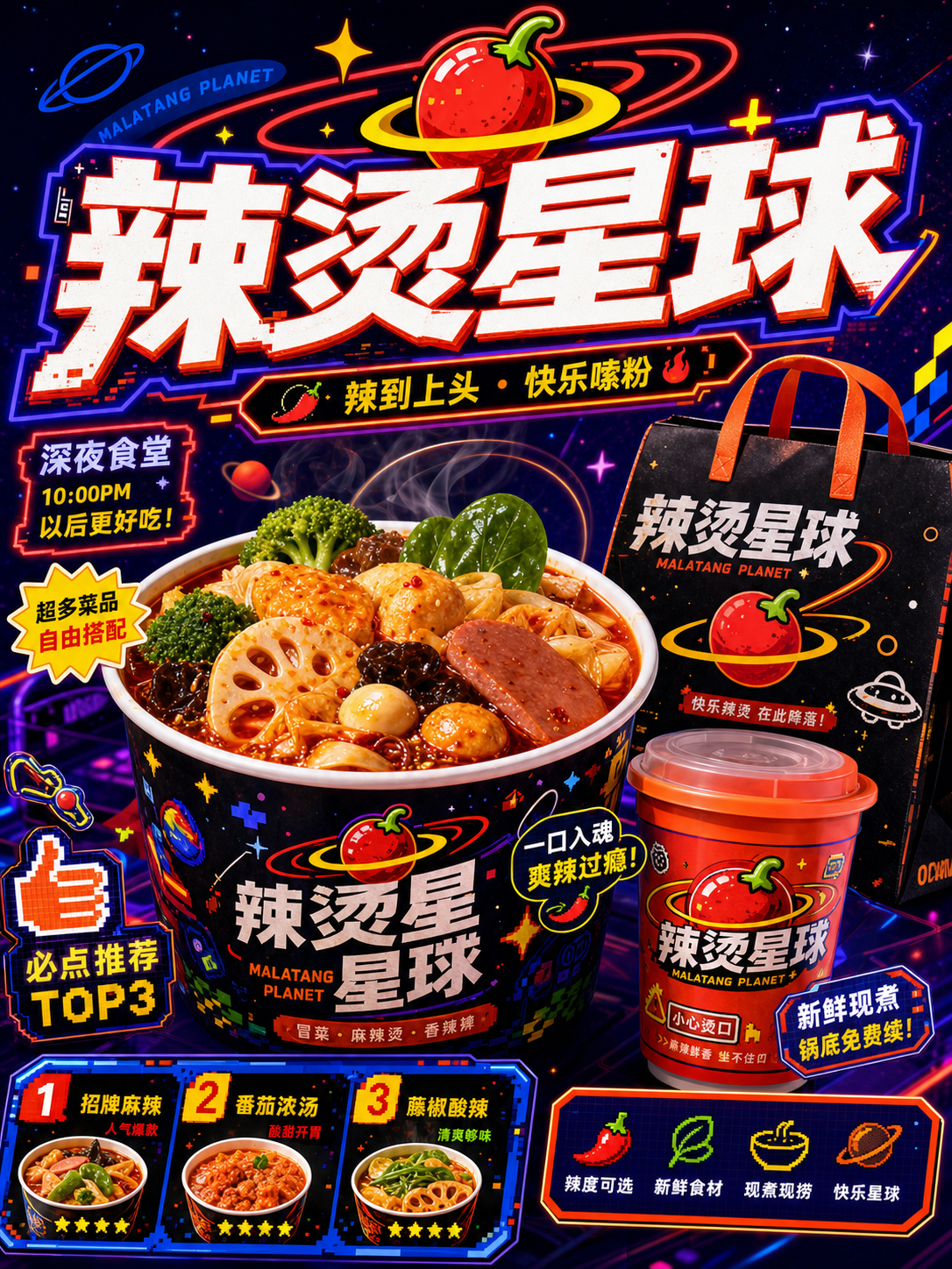 辣烫星球电蓝辣红太空街头风小红书品牌封面