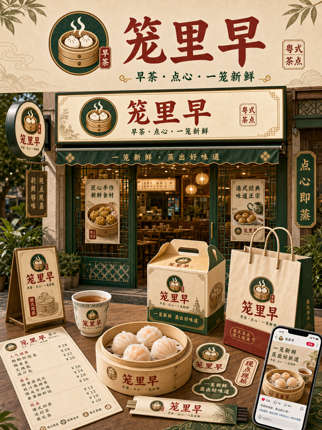 笼里早港式早茶复古风小红书品牌封面
