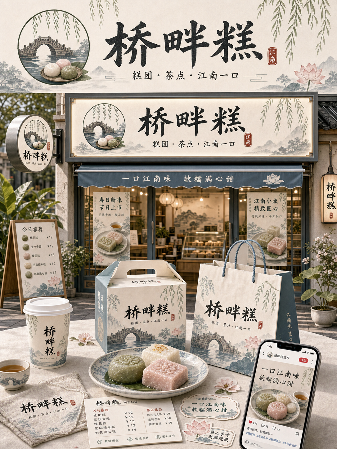 桥畔糕江南水墨糕点风小红书品牌封面