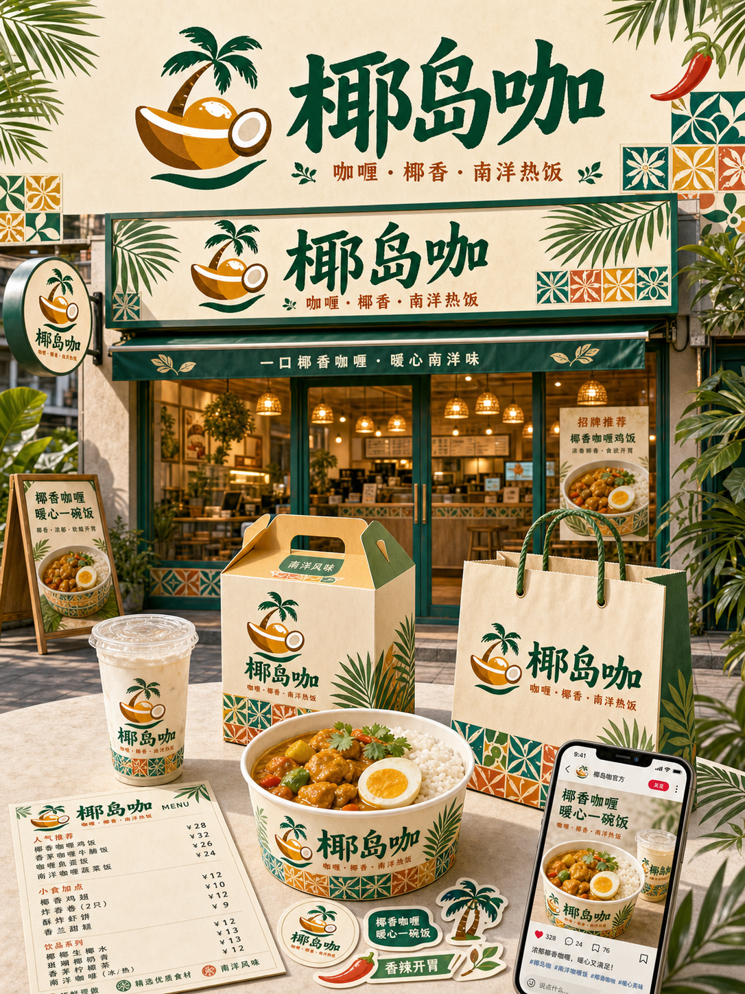 椰岛咖南洋热带街铺风小红书品牌封面