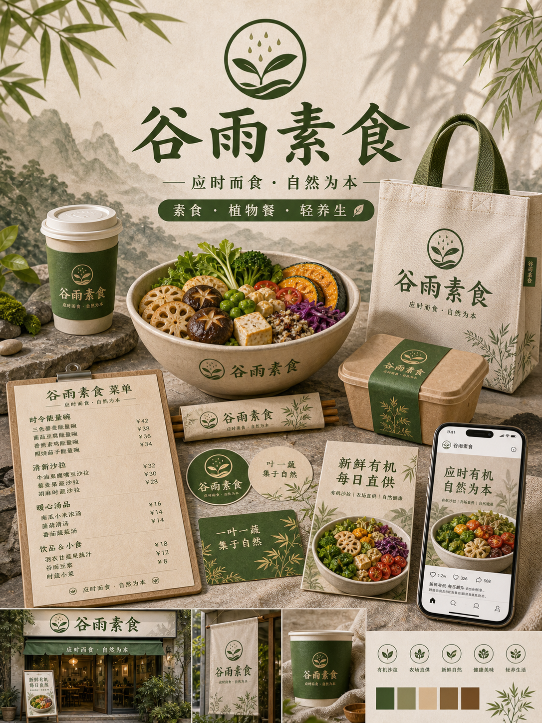 谷雨素食东方植物素食风小红书品牌封面
