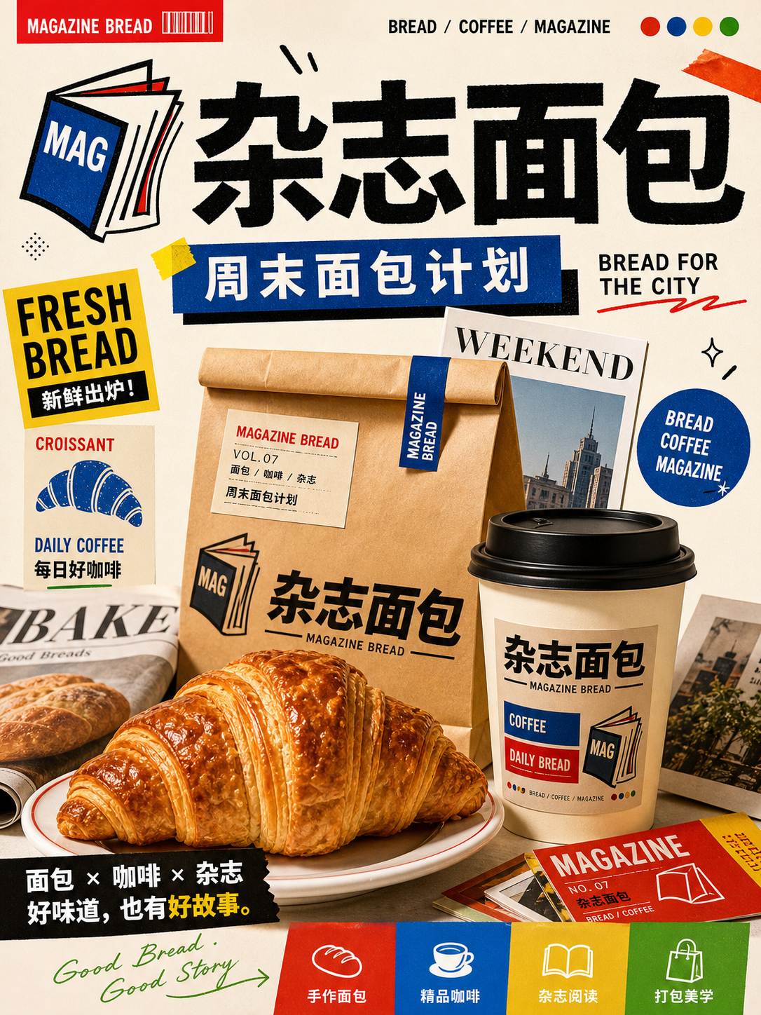 杂志面包彩色独立杂志拼贴风小红书品牌封面